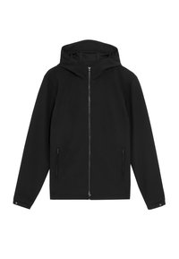 Veste noire zippée avec capuche, dotée de manches longues, de deux poches latérales zippées et d'une finition lisse et mate.