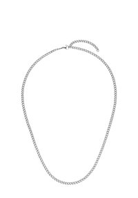 Zilveren ketting met in elkaar grijpende schakelstukjes, gladde textuur en een musketon-sluiting. Heeft een verstelbare lengte voor meer draagcomfort.