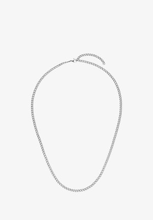 Silberne Halskette mit miteinander verbundenen Gliedern, glatter Oberfläche und Karabinerverschluss. Verfügt über eine verstellbare Länge für flexible Passform.