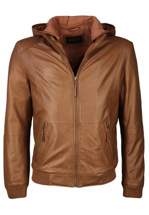 Braune Lederjacke mit Kapuze, ausgestattet mit einem Reißverschluss vorne, gerippten Bündchen und Saum sowie zwei seitlichen Reißverschlusstaschen. Glatte Textur und taillierte Passform.