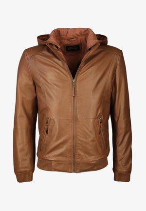 Brun læderjakke med hætte, med lynlås foran, ribbede manchetter og kant samt to lynlåslommer i siderne. Glat tekstur og tætsiddende pasform.