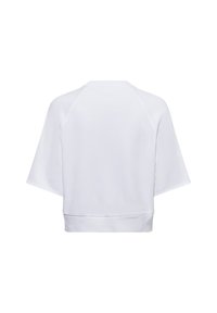 Witte sweater met een cropped ontwerp, korte mouwen en een losse pasvorm. Beschikt over een ribgebreide zoom en een gladde textuur. Geen zichtbare patronen.