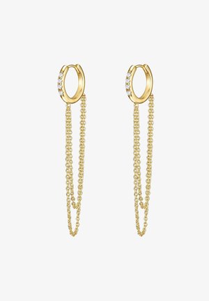 Gold hoop earrings with a chain design featuring two dangling strands. Accented with small clear crystals on the hoop.
