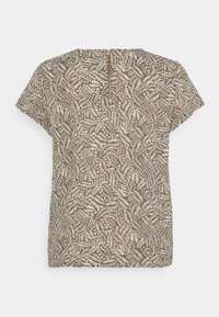 Top marron à manches courtes avec motif de feuilles blanches et fermeture éclair dorée au dos du col.