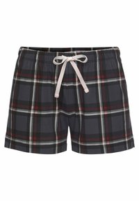 Grijze geruite shorts met een tailleband en een lichtroze trekkoord. Het patroon bevat rode en witte accenten.
