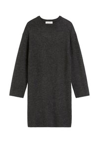 Robe pull gris foncé en mélange de laine douce, dotée d'un col rond et de longues manches, avec une coupe relaxée et droite. Aucune motif ou accent visible.