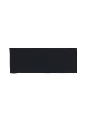 Černá obdélníková bavlněná tkanina s hladkým povrchem, rozměry přibližně 120x30 cm, okraje jsou pečlivě dokončeny, bez vzorů nebo akcentů.