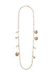 Złoty naszyjnik łańcuszkowy z różnymi wisiorami w kształcie muszelek, naprzemiennie z gładkimi białymi akcentami, prezentujący teksturowany wzór i połączoną strukturę.