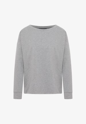 Gray long-sleeve top made of soft cotton. Features a relaxed fit and round neck. Simple design with no visible patterns or accents.