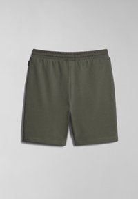 Athletické šortky olivově zelené barvy vyrobené z měkké látky. Mají elastický pas a jednoduchý, čistý design bez viditelných kapes nebo vzorů.