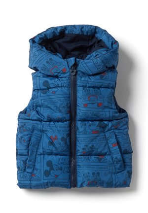Gilet imbottito blu senza maniche con cappuccio, cerniera nera e illustrazioni di Topolino in stile fumetto nei colori nero e rosso.