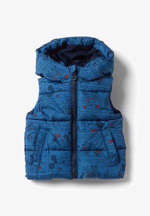 Blue padded sleeveless hooded vest with black zipper and comic strip-style Mickey Mouse illustrations in black and red.