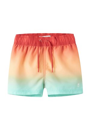 Herresvømmeshorts med elastisk taljebånd og snøre, med en gradientfarve fra koral til fersken til lys turkis.