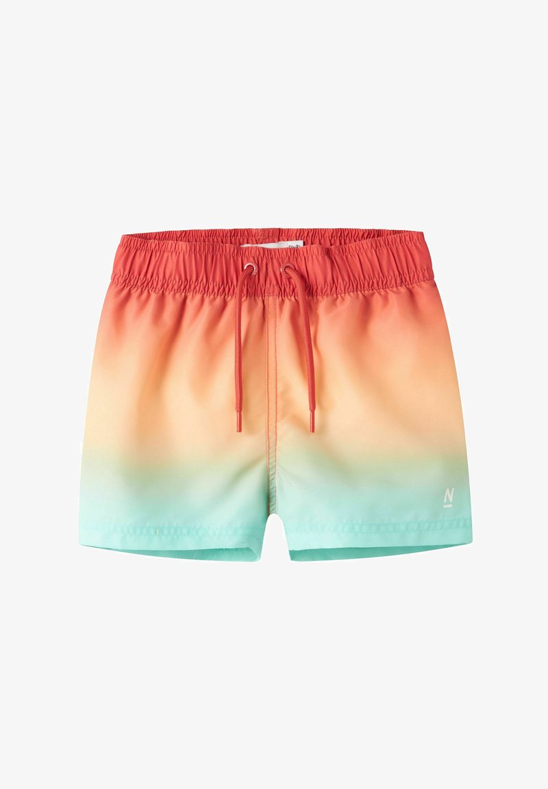 Shorts de bain pour hommes avec une taille élastique et un cordon de serrage, présentant un dégradé de couleurs allant du corail à la pêche puis au turquoise clair.