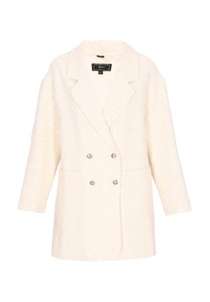 Veste blazer en tweed blanc texturé, à double boutonnage, col cranté, deux poches avant et boutons ton argenté.