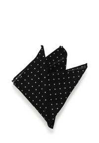 Črn robček z belimi pikami, lepo zložen na belem ozadju.