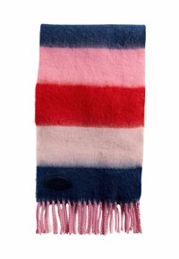 Mäkký vlnený šál s horizontálnymi pruhmi v tmavomodrej, svetloružovej, červenej, bledoružovej a tmavomodrej farbe, s ružovými strapcami na koncoch.
