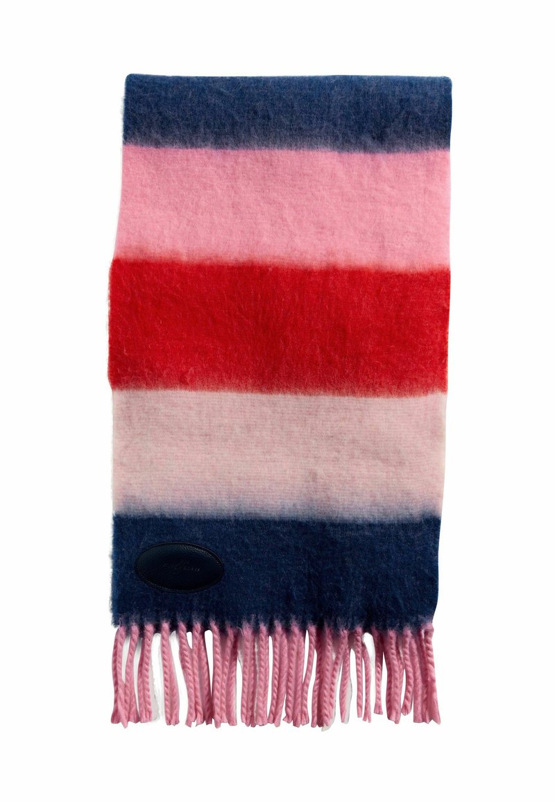 Mäkký vlnený šál s horizontálnymi pruhmi v tmavomodrej, svetloružovej, červenej, bledoružovej a tmavomodrej farbe, s ružovými strapcami na koncoch.