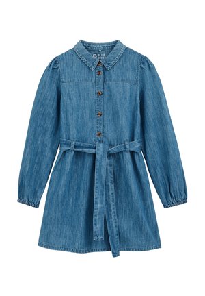 Jeans-Kleid mit langen Ärmeln, Knopfleiste vorne, elastischen Bündchen, Kragen und passendem Stoffgürtel in der Taille.
