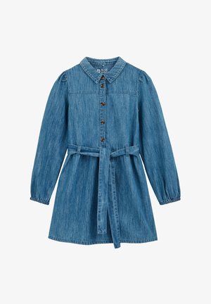 Robe en denim à manches longues avec fermeture à boutons sur le devant, poignets élastiques, col et ceinture assortie en tissu à la taille.