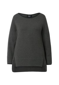 Pull gris à manches longues, décolleté en ronde, et fentes sur les côtés. Présente une finition texturée et des accents de bord côtelé.