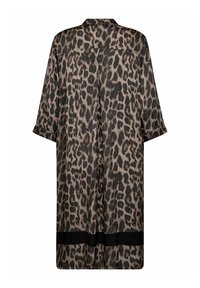 Luipaardprint kimono-stijl badjas met korte mouwen, met een contrasterende zwarte streep aan de onderkant en een losse, vloeiende pasvorm.