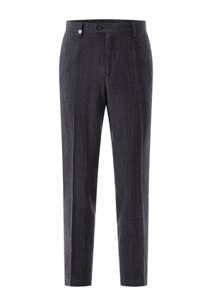 Dark gray textured tailored men's trousers with front button and belt loops, displayed on a white background.