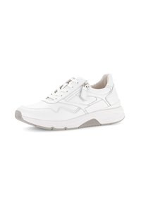 Baskets en cuir blanc avec fermeture à lacets, détail de zip, semelle texturée et accents gris contrastants. Fini lisse avec des coutures minimales.