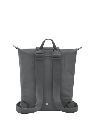 Dark gray backpack with adjustable padded straps, top handle, and zippered closure, shown from the back on a white background.