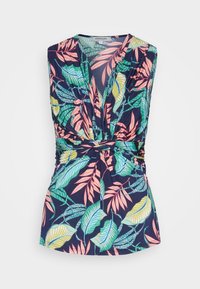 Haut femme sans manches avec fond bleu marine, imprimé feuilles tropicales multicolores, col en V et détail froncé torsadé à l'avant à la taille.