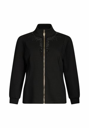 Schwarze Zip-Jacke aus glattem Stoff, mit hohem Kragen, langen Ärmeln und dekorativen Nietenakzenten auf der Brust.