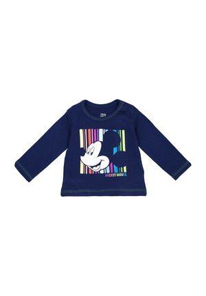 Navy Langarmshirt mit einem bunten Grafikdesign von Mickey Mouse's Gesicht, vertikalen Streifen und grünen Akzentnähten.