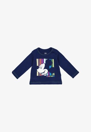 Granatowa koszula z długim rękawem z kolorowym wzorem przedstawiającym twarz Myszki Miki z pionowymi paskami i zielonymi akcentującymi szwami.