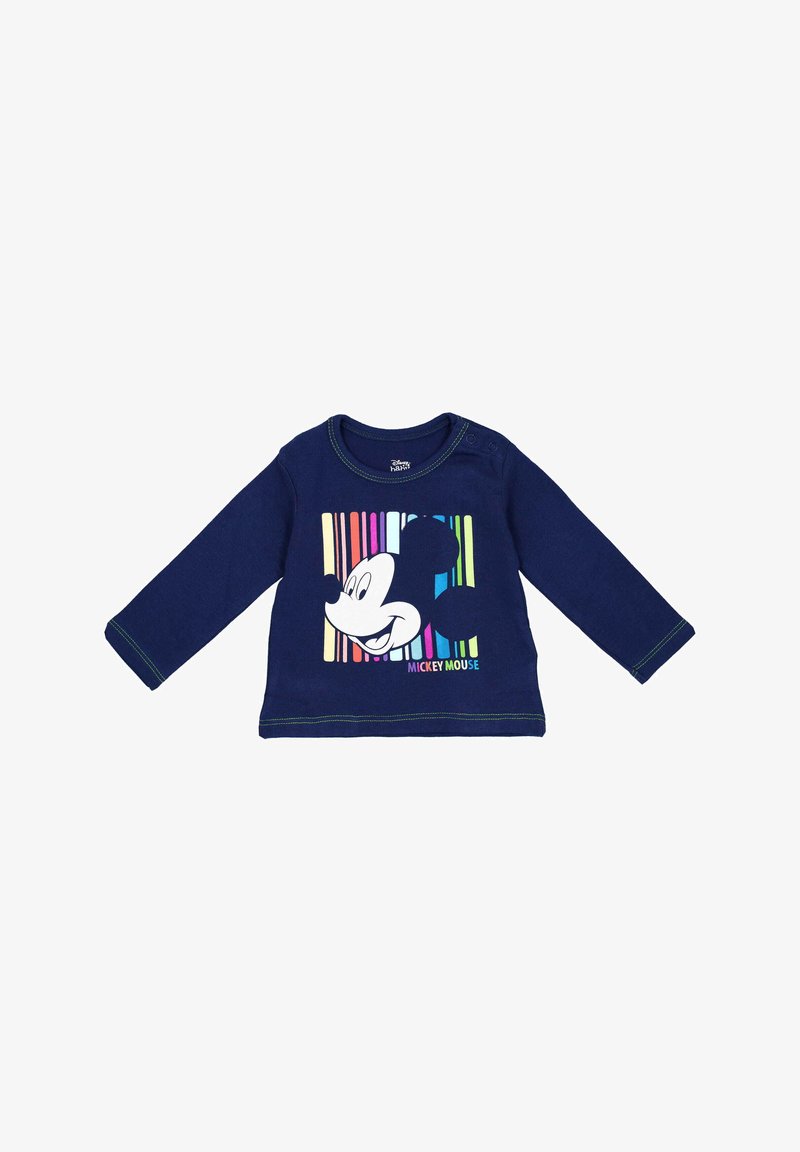 Navy Langarmshirt mit einem bunten Grafikdesign von Mickey Mouse's Gesicht, vertikalen Streifen und grünen Akzentnähten.