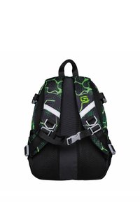 Groen-zwart patroon rugzak met gaasstof, witte accenten, verstelbare riemen en gespen. Compact ergonomisch ontwerp.