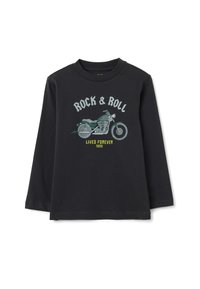 Schwarzes Langarm-T-Shirt mit grünem Motorrad-Design und weißem Schriftzug "ROCK & ROLL LEBT FÜR IMMER 1955." Weiches Baumwollmaterial.