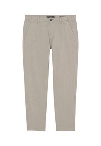 Beige, leichte Hose mit schmalem Schnitt, seitlichen Taschen, einem vorderen Knopf und elastischem Bund für Komfort. Strukturierter Stoff mit dezentem Muster.