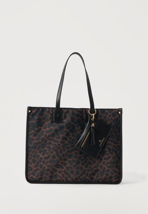 Borsa a tracolla con stampa leopardata nera e marrone, manici neri e pochette nera con zip attaccata con dettagli dorati.