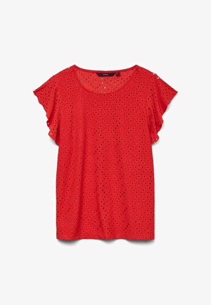 Bluza roșie cu mâneci scurte, detaliată cu dantelă ochi de plasă într-un model diamant și decolteu rotund, prezentată pe un fundal alb.