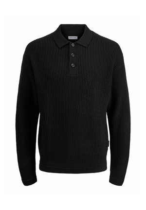 Suéter negro de punto con cuello tipo polo, tapeta de tres botones, puños y dobladillo acanalados. Tejido texturizado con un corte holgado.