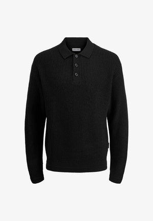 Suéter negro de punto con cuello tipo polo, tapeta de tres botones, puños y dobladillo acanalados. Tejido texturizado con un corte holgado.