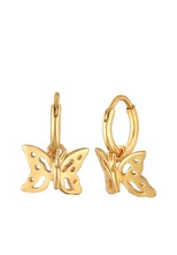 Guldörhängen i form av hoop med fjäril charm med utskurna former, polerad yta och cirkulär lås. Detaljerade vingar och en delikat form.
