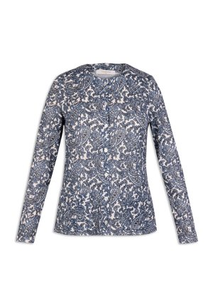 Camicia a maniche lunghe con un motivo paisley blu e bianco, realizzata in tessuto leggero, con scollatura rotonda e chiusura con bottoni davanti.