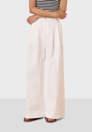 Wijd-uitlopende, lichtbeige broek van katoen, met een hoge taille, plooien aan de voorkant en een gladde, gestructureerde afwerking.