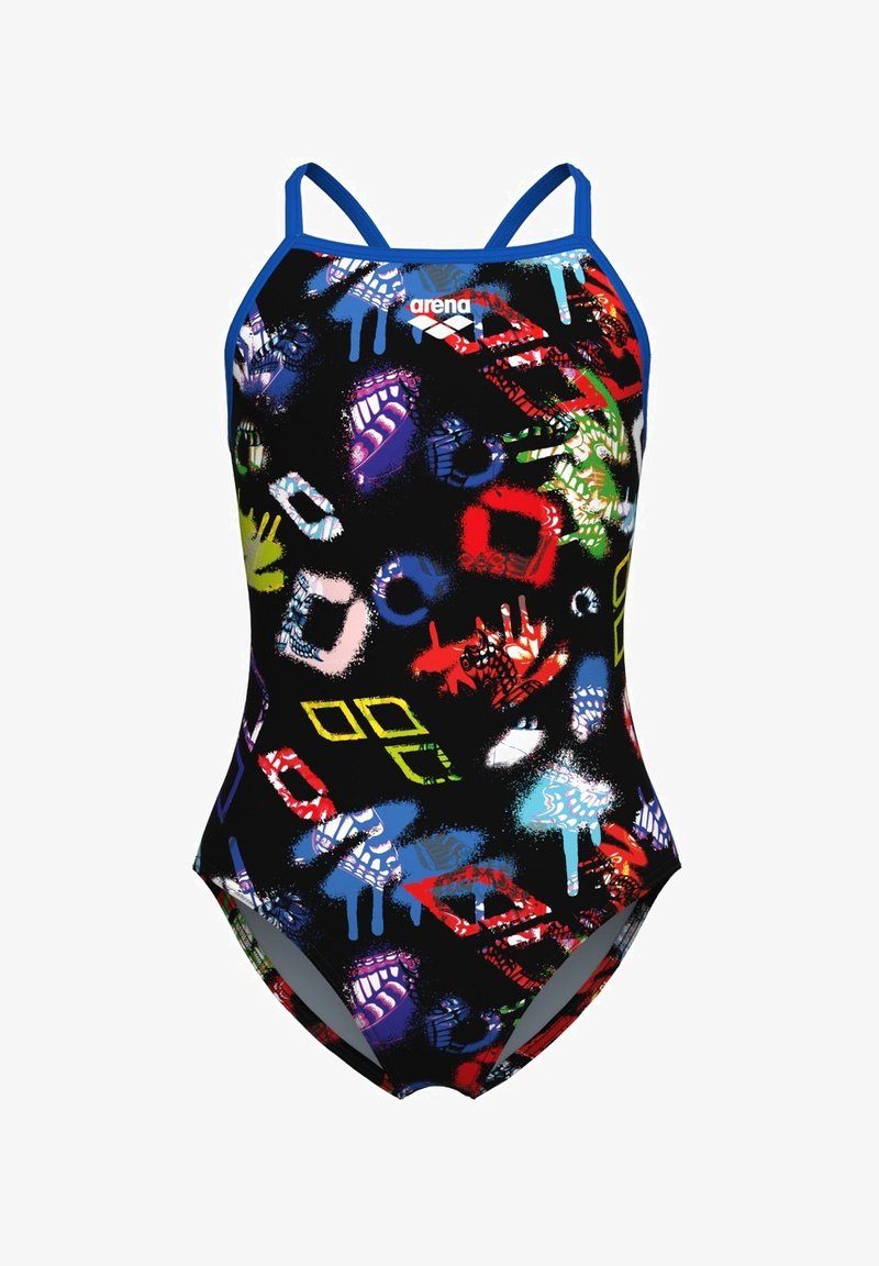 Černé jednodílné plavky s barevnými potisky rukou a úst. Mají tenké modré ramínka, přiléhavý střih a hladkou texturu.