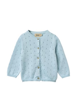 Cardigan per bambini azzurro chiaro con piccolo motivo a occhielli, scollo tondo, maniche lunghe e sei bottoni frontali.