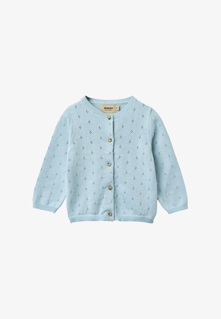 Cardigan per bambini azzurro chiaro con piccolo motivo a occhielli, scollo tondo, maniche lunghe e sei bottoni frontali.