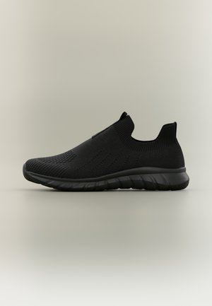 Black slip-on athletic shoe with breathable knit upper and cushioned sole, displayed in side profile on neutral background.