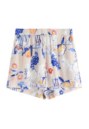 Pantaloni shorts con motivo floreale in beige chiaro con accenti blu, arancioni e rosa. Presentano una vita elastica e una vestibilità rilassata.
