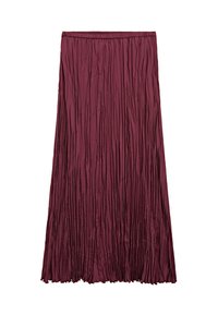 Jupe maxi plissée bordeaux avec une taille élastique, comprenant des plis verticaux et un tissu doux et texturé pour un mouvement fluide.